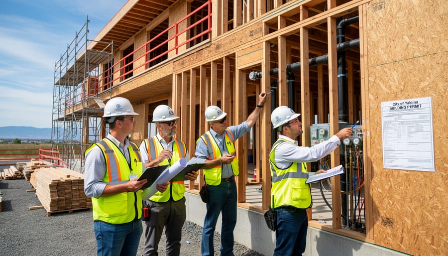 Building inspector reviewing residential construction framing with clipboard