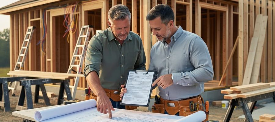 Homeowner and contractor stand by a partially framed home addition, examining blueprints and a clipboard while ladders and sawhorses sit in the softly lit background.
