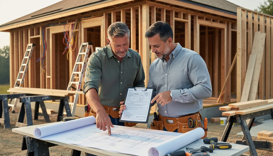 Homeowner and contractor stand by a partially framed home addition, examining blueprints and a clipboard while ladders and sawhorses sit in the softly lit background.