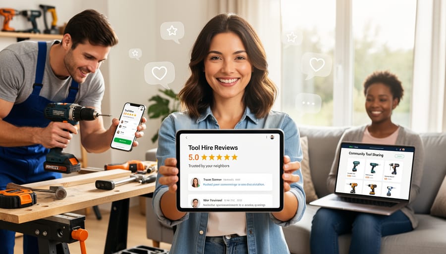Group of construction workers sharing equipment reviews on mobile device