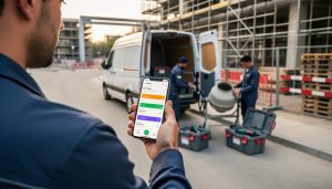 Over-the-shoulder view of a contractor holding a smartphone with an unreadable tracking screen while a delivery van unloads a cement mixer and tool cases at an urban construction site, background scaffolding softly blurred.