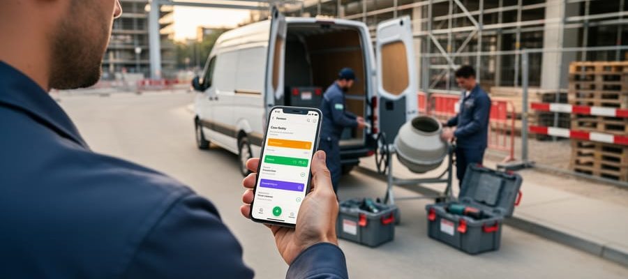 Over-the-shoulder view of a contractor holding a smartphone with an unreadable tracking screen while a delivery van unloads a cement mixer and tool cases at an urban construction site, background scaffolding softly blurred.