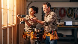 Two tradespeople in a warm, sunlit workshop using a cordless drill on a wooden frame while a smartphone on a tripod records; pegboard tools and a laptop softly blurred in the background, no visible text or logos.