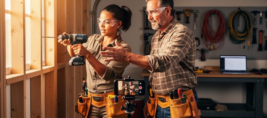 Two tradespeople in a warm, sunlit workshop using a cordless drill on a wooden frame while a smartphone on a tripod records; pegboard tools and a laptop softly blurred in the background, no visible text or logos.