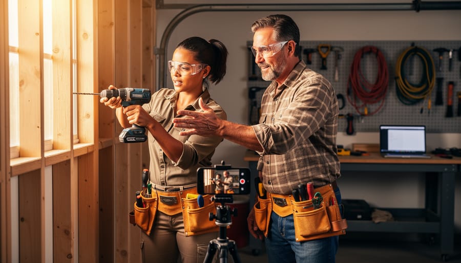 Two tradespeople in a warm, sunlit workshop using a cordless drill on a wooden frame while a smartphone on a tripod records; pegboard tools and a laptop softly blurred in the background, no visible text or logos.