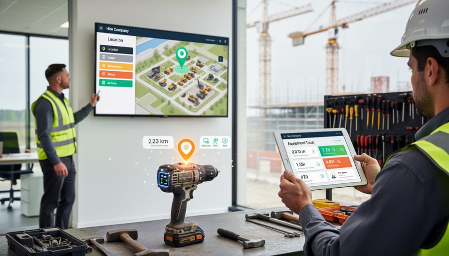 Overhead view of power tools with digital tracking tablet on workbench
