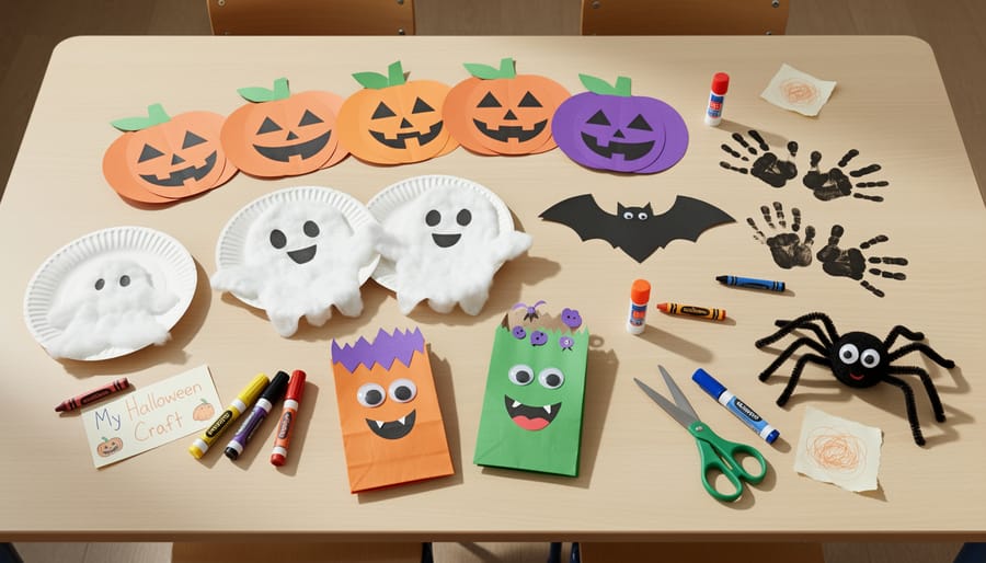 A classroom table filled with finished paper plate pumpkins, handprint ghosts, cotton ball mummies, paper bag monsters, and foam shape spiders made by young children.
