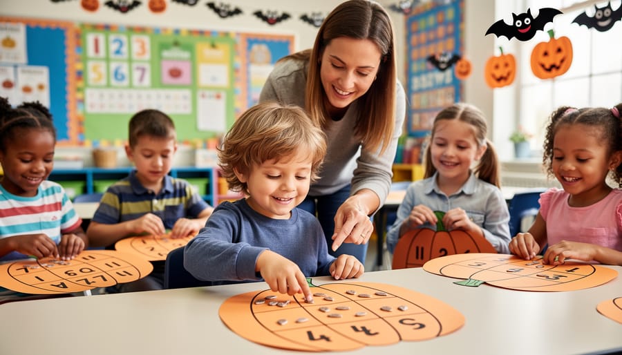 A close-up of a child’s hands placing numbered pumpkin seeds or buttons onto a Halloween counting pumpkin craft.