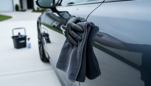 A gloved hand uses a microfiber detailing towel to buff a dark car’s glossy exterior panel in soft daylight.