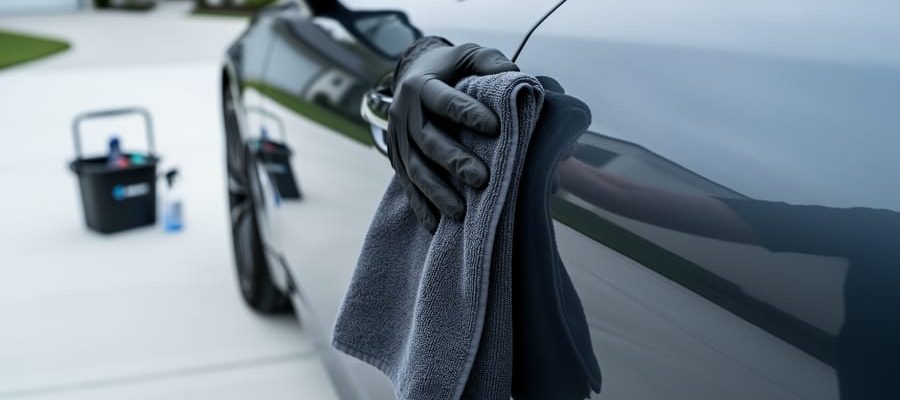 A gloved hand uses a microfiber detailing towel to buff a dark car’s glossy exterior panel in soft daylight.