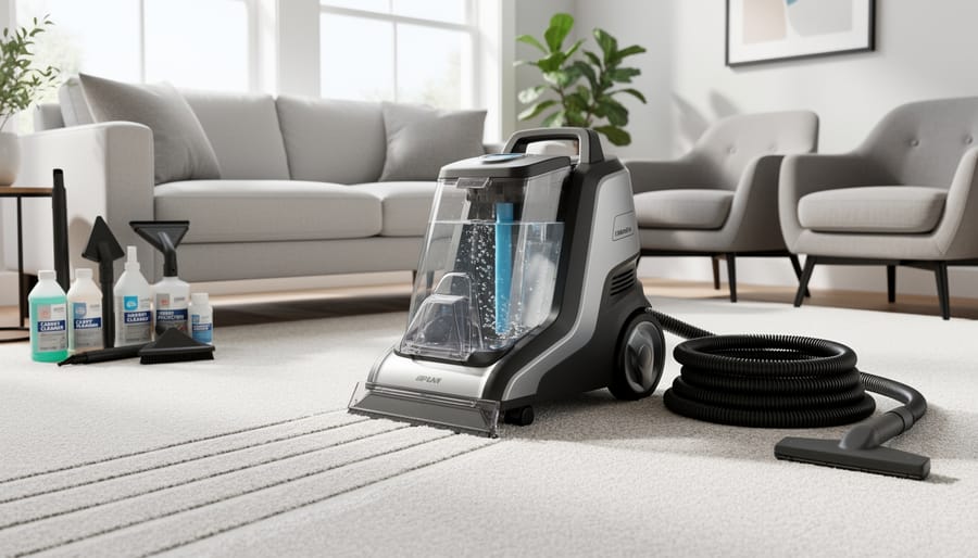 Carpet extractor machine and hose set up in a living room with a homeowner preparing a deep-clean.