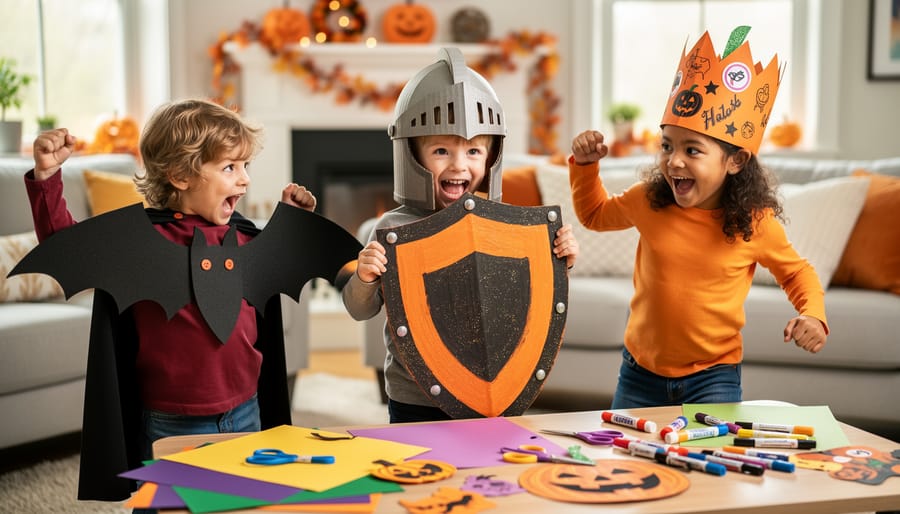 Children wearing Halloween paper plate masks and holding craft crowns and magic wands during playful pretend play in a decorated room.