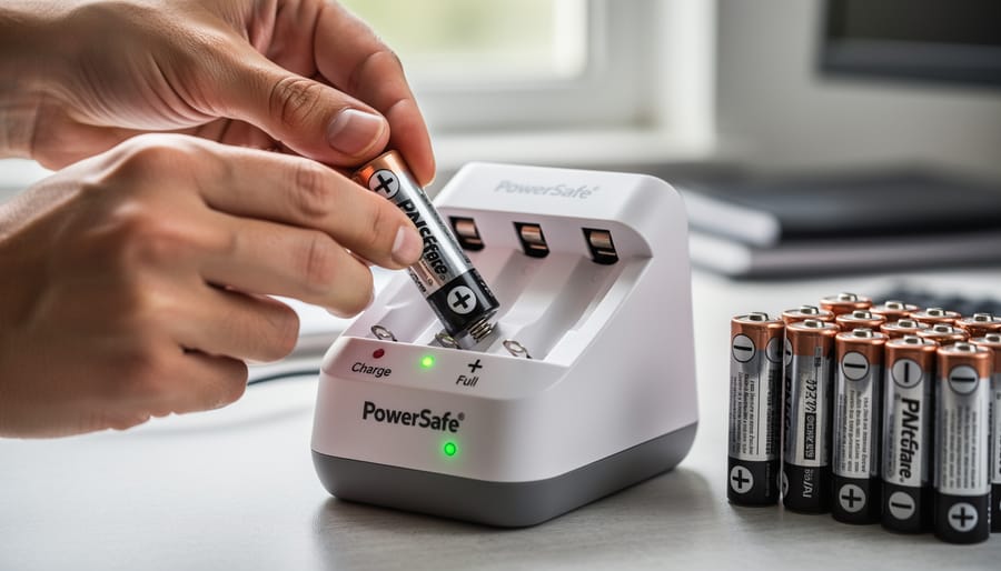 Close-up of cordless tool lithium-ion batteries being aligned with charger contacts in a workshop