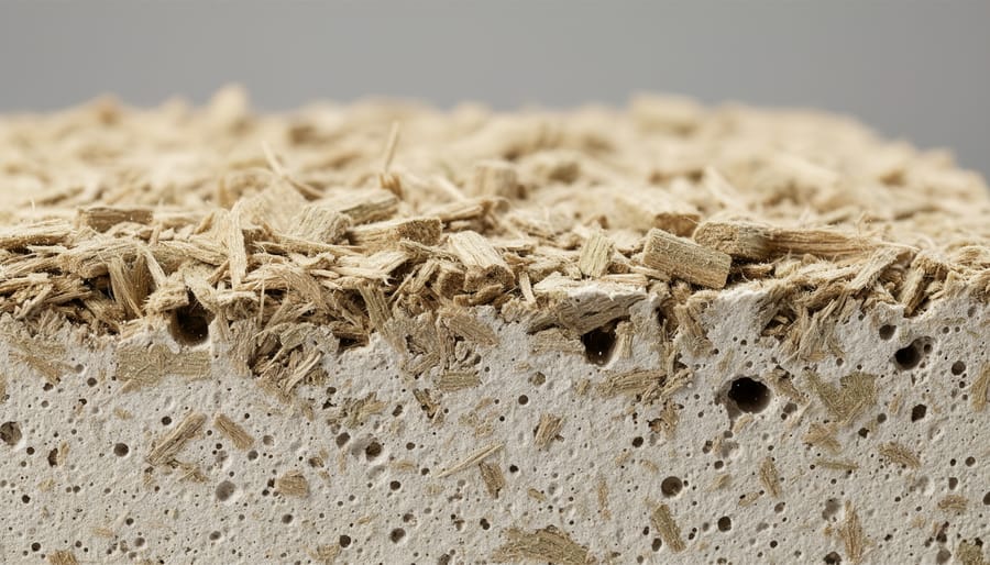 Close-up of hemp shiv fibers mixed with lime binder on a construction tarp