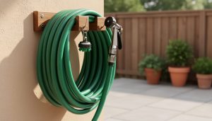 Coiled green garden hose neatly stored on a DIY wall-mounted bracket on a patio, with nozzle and attachment organized nearby.