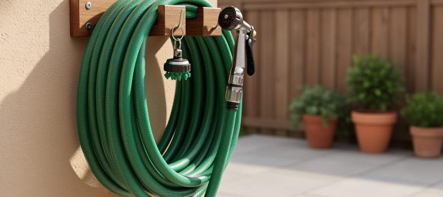 Coiled green garden hose neatly stored on a DIY wall-mounted bracket on a patio, with nozzle and attachment organized nearby.