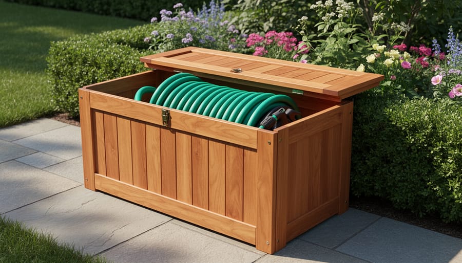 DIY wooden garden hose storage box with a hinged lid holding a coiled hose in a tidy garden area