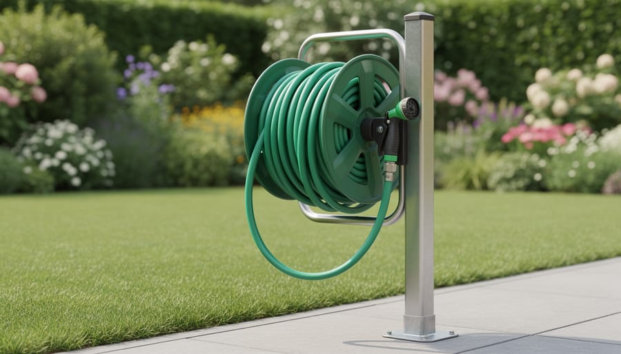 Freestanding DIY garden hose reel post with a coiled hose wound around the rotating arm