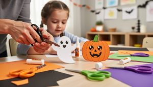 Parent and child hands crafting a friendly paper ghost and pumpkin on a Halloween craft table with glue and colorful paper.