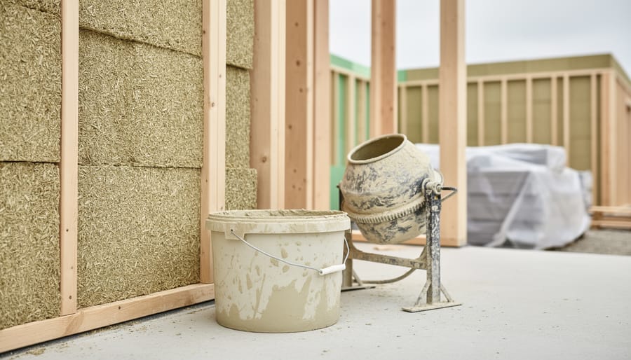 Hempcrete blocks in a timber-framed wall with a lime-based bucket and mortar mixer on a residential construction site.
