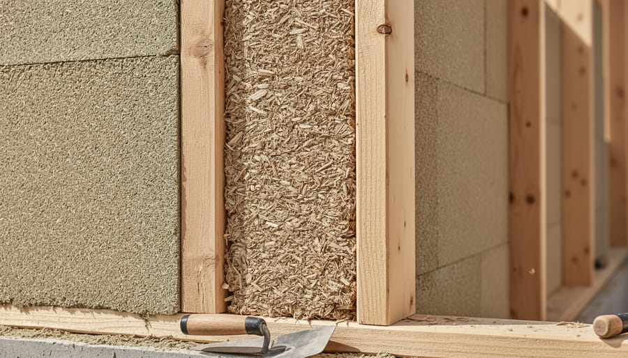 Hempcrete wall inside a timber-framed building with visible lime-finished surface texture
