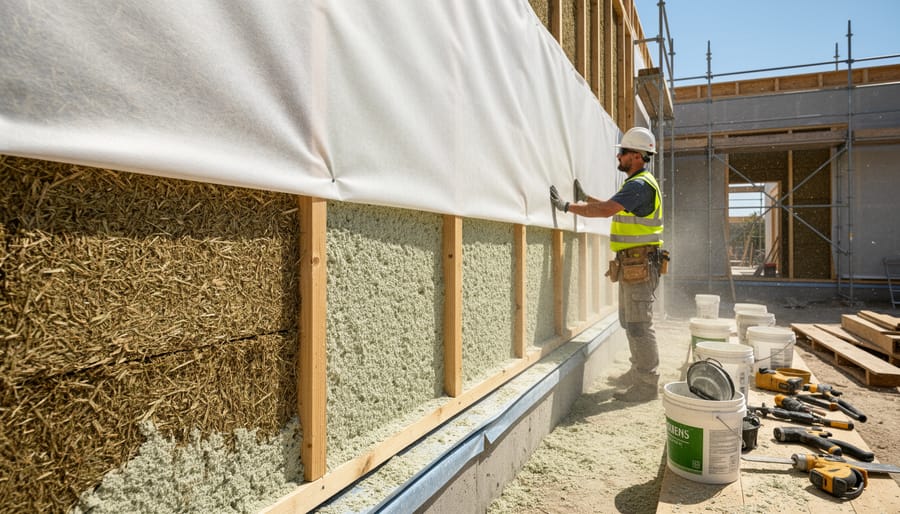 Hempcrete wall section covered with protective sheeting during the curing period on a construction site
