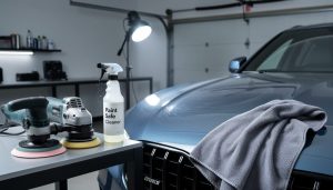 Close-up of car detailing tools, including a dual-action/rotary polisher and microfiber cloth, set up in a clean garage beside a vehicle hood being prepared for paint correction.