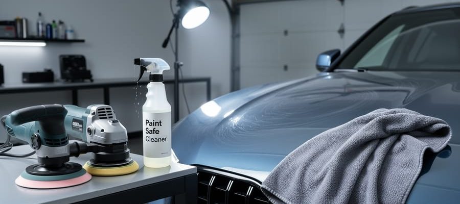 Close-up of car detailing tools, including a dual-action/rotary polisher and microfiber cloth, set up in a clean garage beside a vehicle hood being prepared for paint correction.