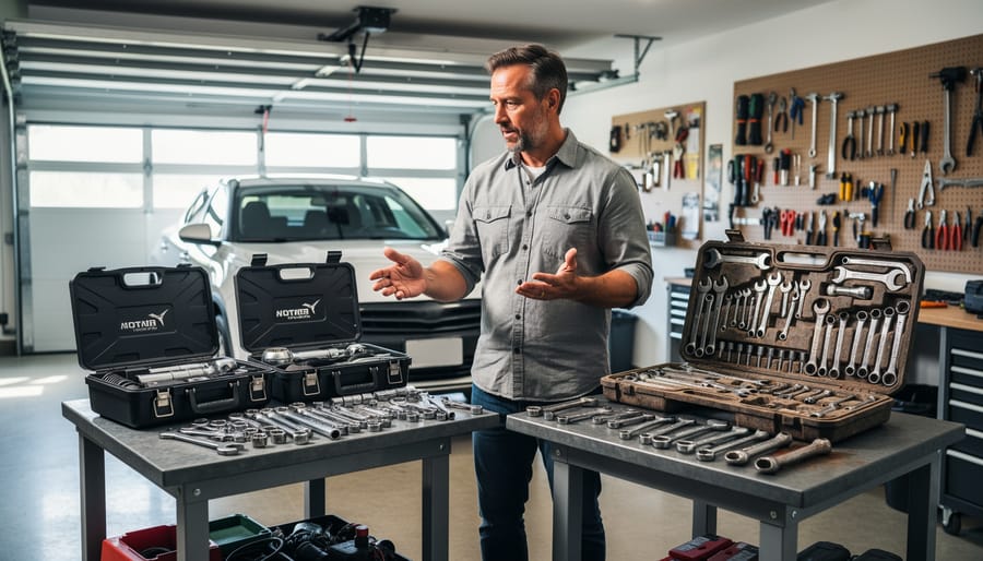 Homeowner standing in a garage holding a rented dual-action polisher and a small tool case beside a parked sedan.