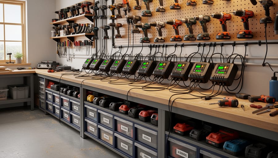 Neatly organized workshop charging station with multiple cordless battery chargers and battery packs mounted on a wall