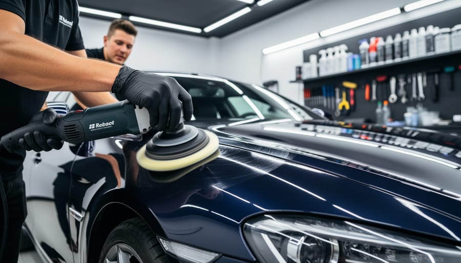 Professional detailer applying ceramic coating to a car hood with a microfiber applicator.