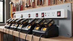 Cordless tool battery charging station with multiple batteries mounted on a workshop shelf next to a power strip, showing proper spacing for airflow
