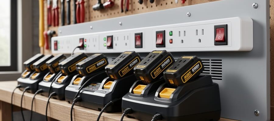 Cordless tool battery charging station with multiple batteries mounted on a workshop shelf next to a power strip, showing proper spacing for airflow