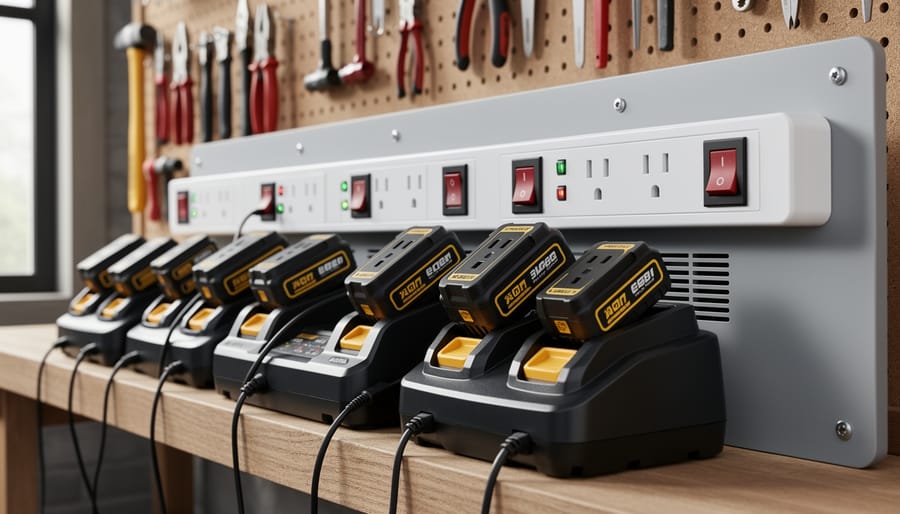 Cordless tool battery charging station with multiple batteries mounted on a workshop shelf next to a power strip, showing proper spacing for airflow