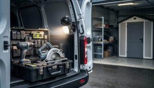 Lockable tool storage in a contractor van and garage, with bright work lighting and a security camera overlooking neatly organized cordless tools and batteries.