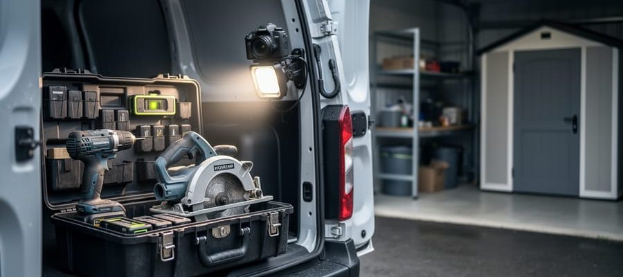 Lockable tool storage in a contractor van and garage, with bright work lighting and a security camera overlooking neatly organized cordless tools and batteries.