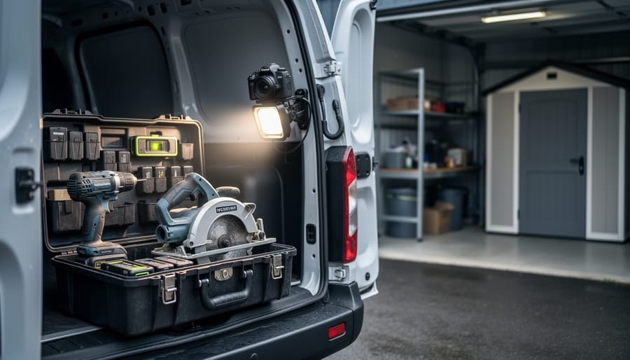 Lockable tool storage in a contractor van and garage, with bright work lighting and a security camera overlooking neatly organized cordless tools and batteries.