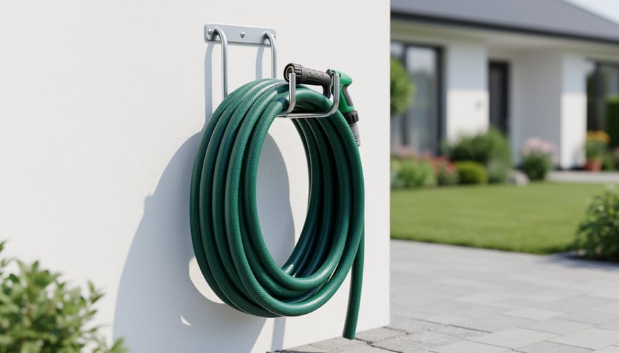 Wall-mounted DIY hose hanger holding a coiled garden hose with a nozzle on a small hook