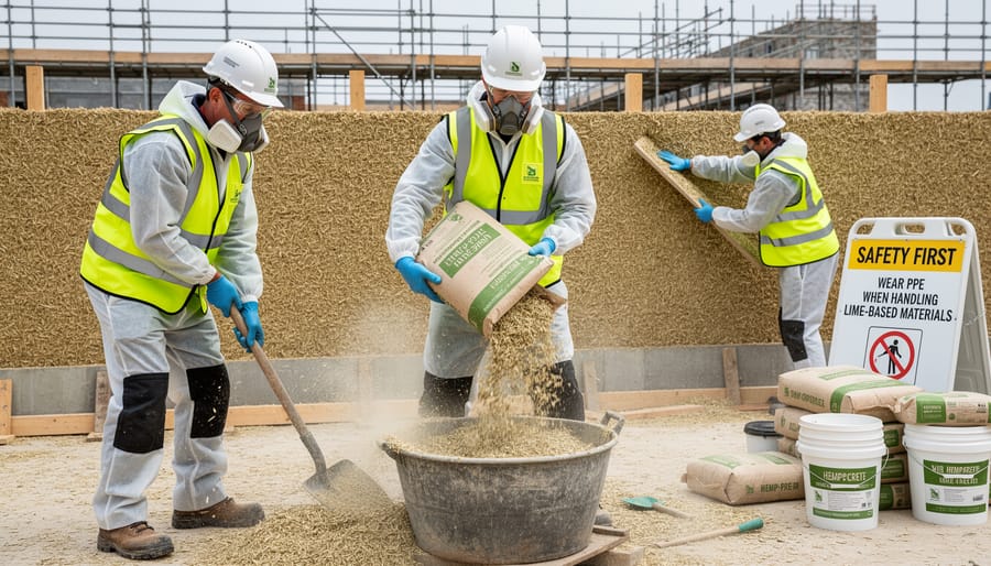 Worker wearing respirator and protective gear operating a cement mixer with hempcrete mix