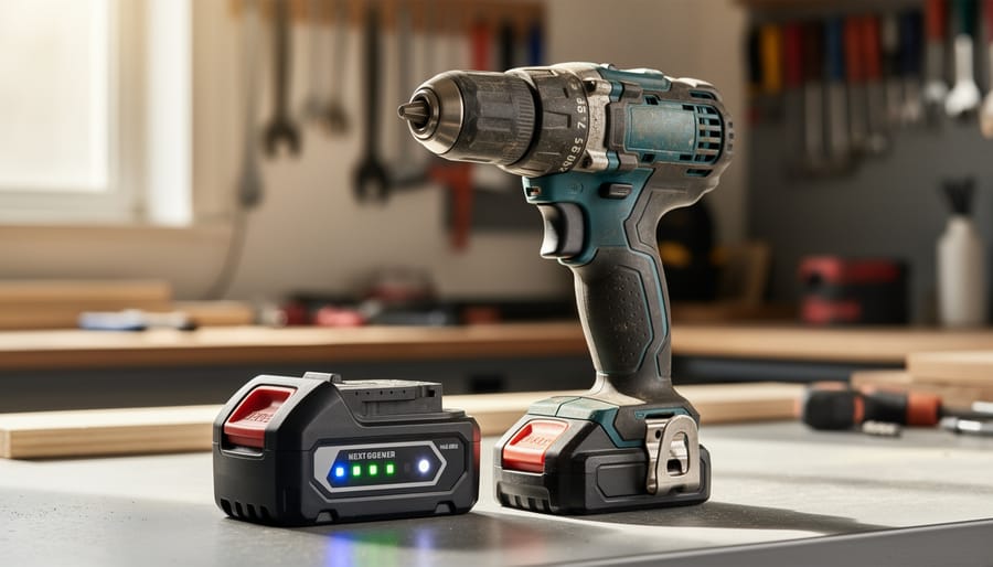 Tradesperson holding a cordless power drill with a modern battery pack in a workshop