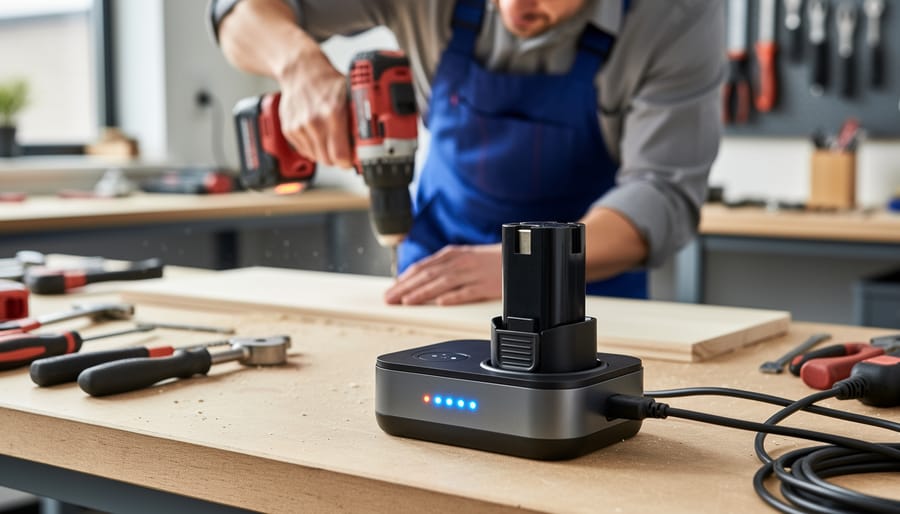 Cordless power drill in use with a battery pack charging on a nearby workbench in a workshop