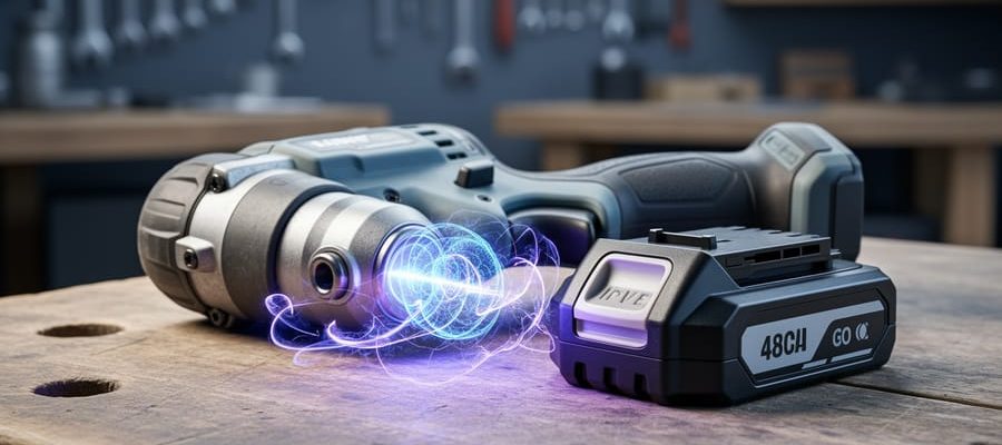 Cordless power drill and detachable battery pack on a workshop bench with subtle glowing quantum-inspired light effects around the battery.