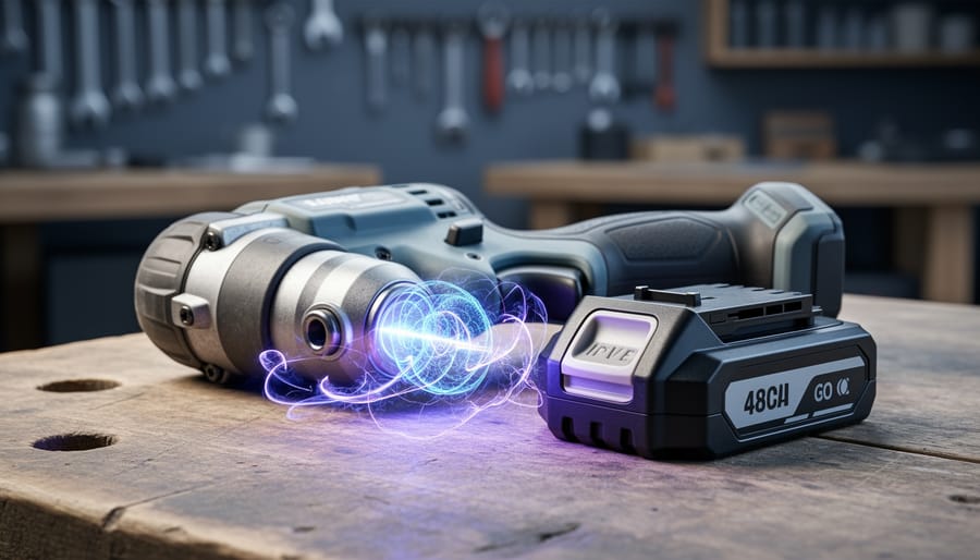 Cordless power drill and detachable battery pack on a workshop bench with subtle glowing quantum-inspired light effects around the battery.