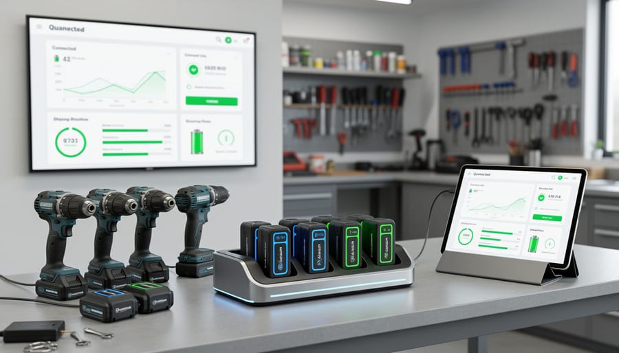 Smart battery charging dock and battery packs on a garage workbench near a smartphone