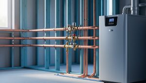 Copper supply and return pipes installed for a two-pipe hydronic heating system in a residential mechanical room, with pipe hangers, valves, and a boiler in view.