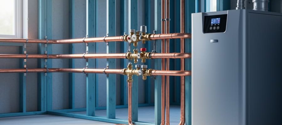 Copper supply and return pipes installed for a two-pipe hydronic heating system in a residential mechanical room, with pipe hangers, valves, and a boiler in view.