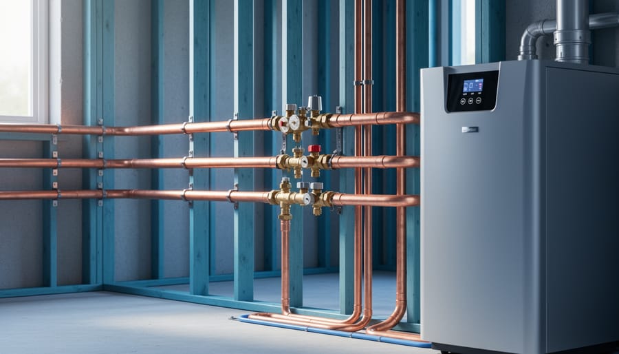 Copper supply and return pipes installed for a two-pipe hydronic heating system in a residential mechanical room, with pipe hangers, valves, and a boiler in view.