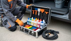 Restoration technician preparing a carpet cleaning chemistry kit beside a trade van, with chemical bottles and cleaning tools arranged for on-site use.