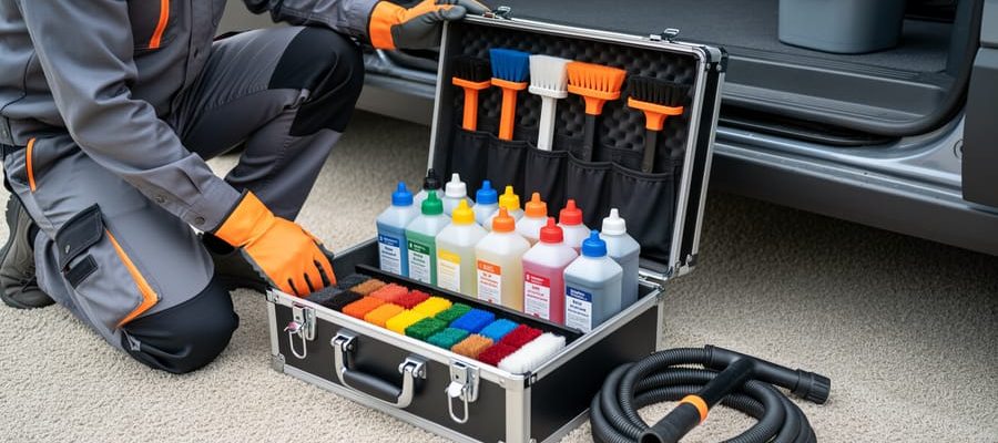 Restoration technician preparing a carpet cleaning chemistry kit beside a trade van, with chemical bottles and cleaning tools arranged for on-site use.