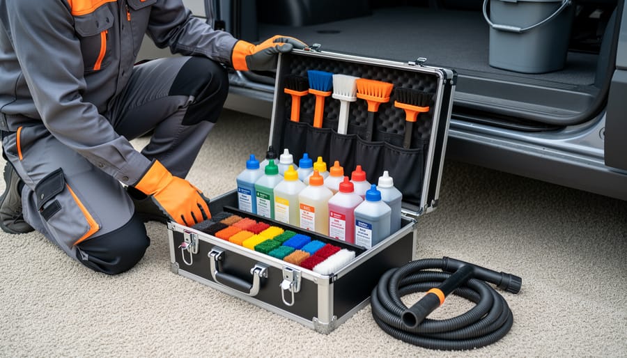 Restoration technician preparing a carpet cleaning chemistry kit beside a trade van, with chemical bottles and cleaning tools arranged for on-site use.